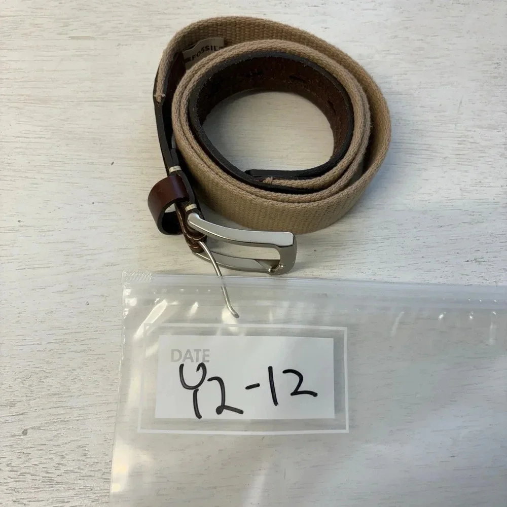 Fossil Belt Woven‎ Cream & Brown Leather 36